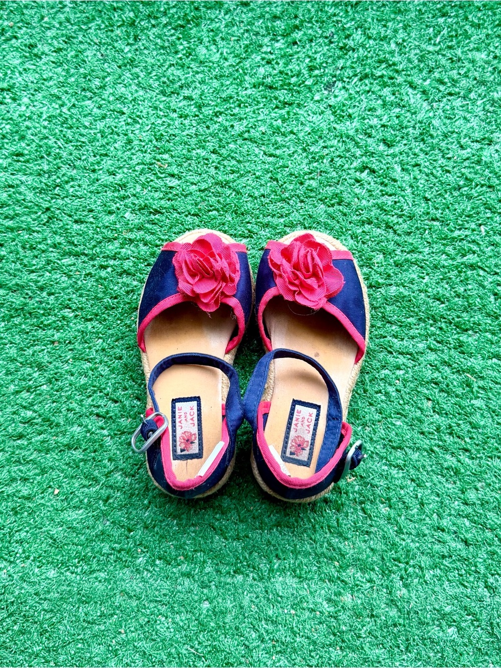 Janie and Jack Navy Blue Red Flower Ankle Strap Espadrille Sandals Kids' US 7